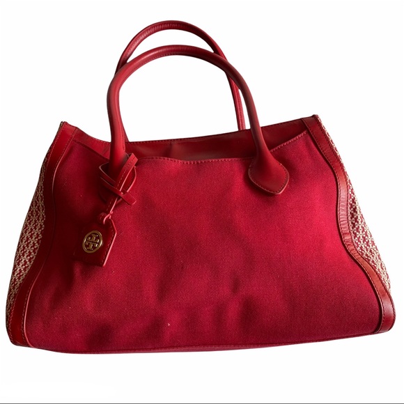 Tory Burch Savannah Canvas East West Tote Bag Red Purse - Picture 2 of 12